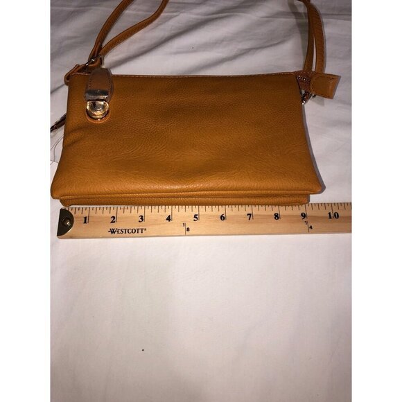 Crossbody Bag Adjustable Clutch Golden Tan Vegan Leather Wristlet Small Zip NEW - Picture 8 of 9